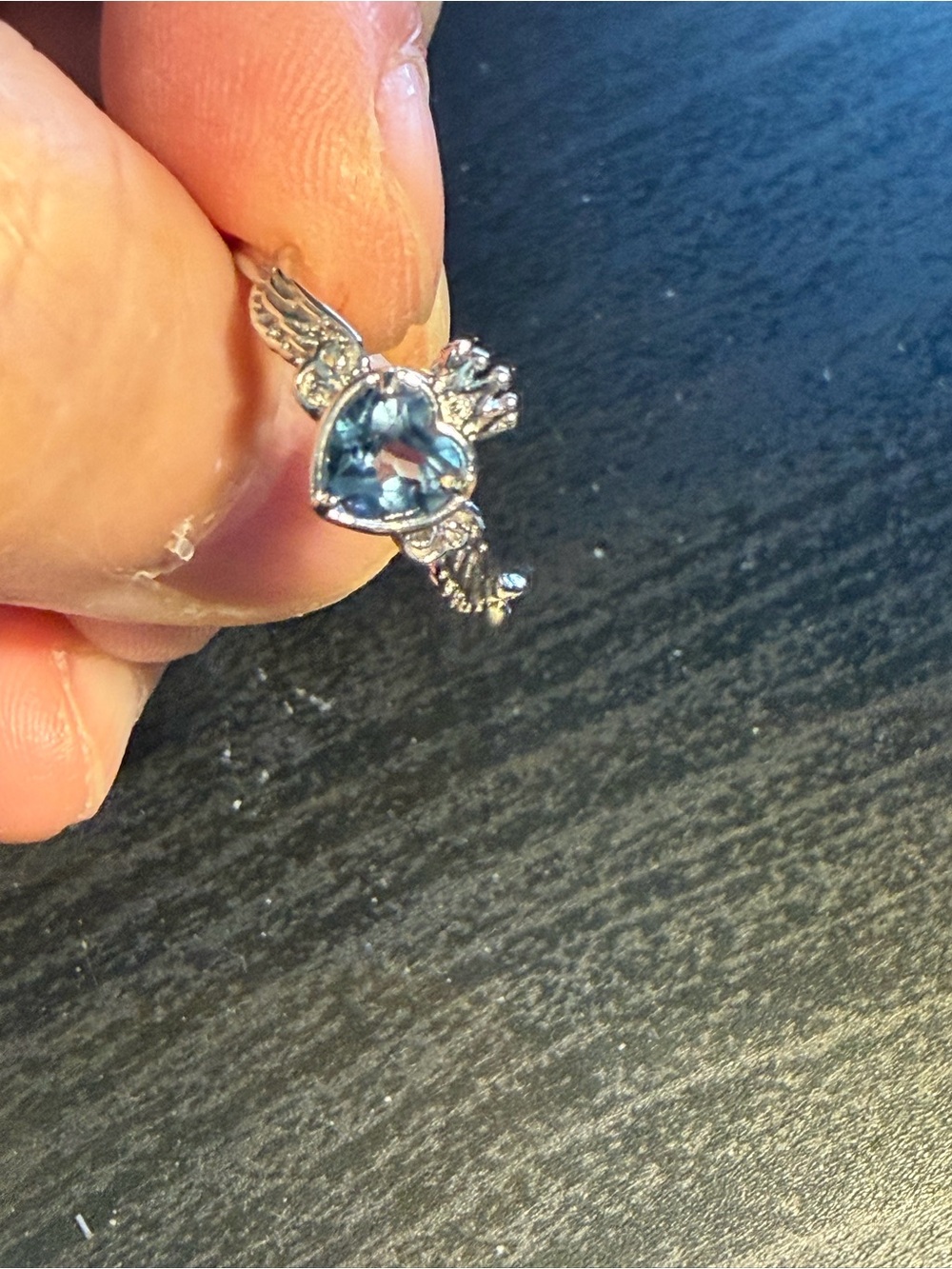 Heart-Cut Blue Gem Winged Ring — Women's Silver Tone Jewelry
